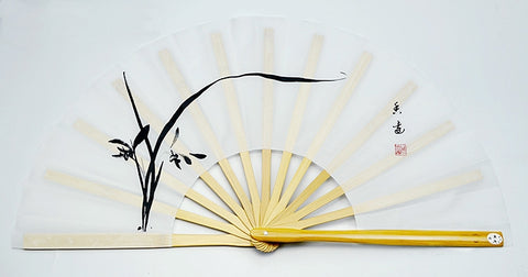 Bamboo Kung Fu Fan Black  Ink Orchid on White Background