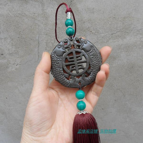Hand-Carved Black Jade Stone Fish Pendant Tai Chi Sword Tassel - Wudang Store