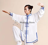 White Tai Chi Uniform Blue Glossy Satin Outerlines - Wudang Store