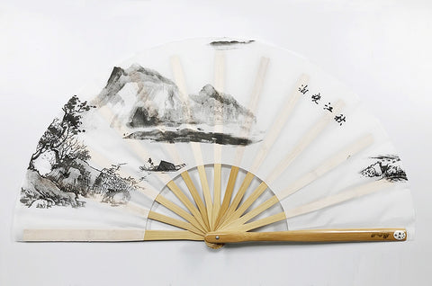 Bamboo Kung Fu Fan Black Ink Landscape on White Background