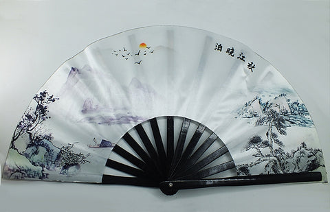 Tai Chi Performance Fan Black Ink Landscape on White Background