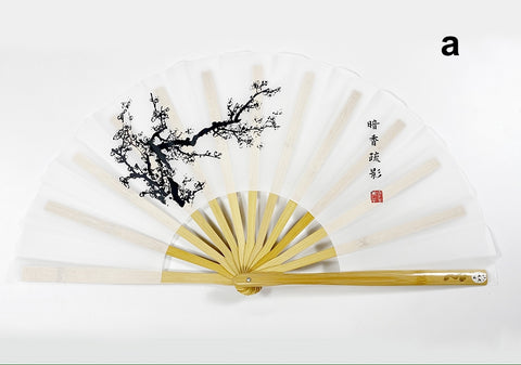 Tai Chi Performance Fan Black Ink Plum Blossoms on White Background