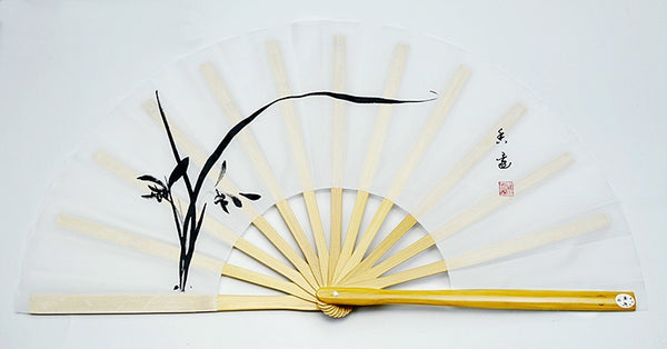 Bamboo Kung Fu Fan Black  Ink Orchid on White Background