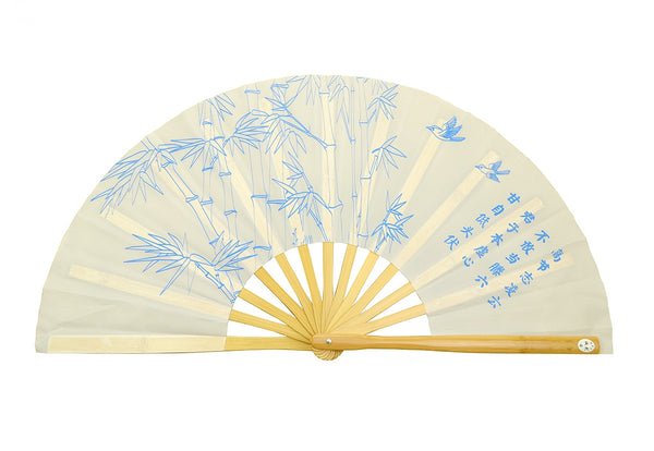 Martial Arts Performance Tai Chi Bamboo Fan Blue Bamboo Branch on White Background