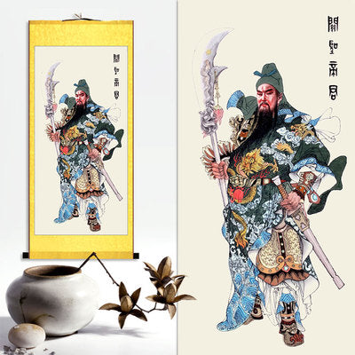 Guan Yu Wall Scroll, Guan Gong Taoist Wall Decoration, Daoist Wall Roll, Silk Scroll Taoist Gods Portrait
