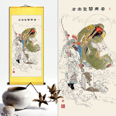 Guan Yu Wall Scroll, Guan Gong Taoist Wall Decoration, Daoist Wall Roll, Silk Scroll Taoist Gods Portrait