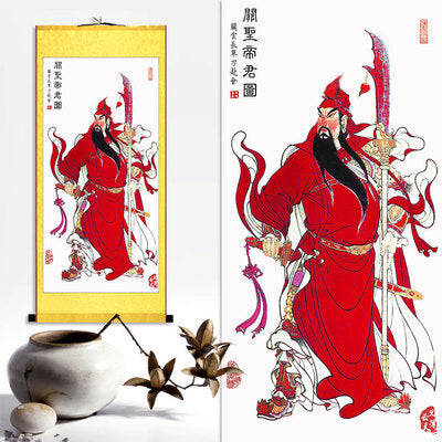 Guan Yu Wall Scroll, Guan Gong Taoist Wall Decoration, Daoist Wall Roll, Silk Scroll Taoist Gods Portrait
