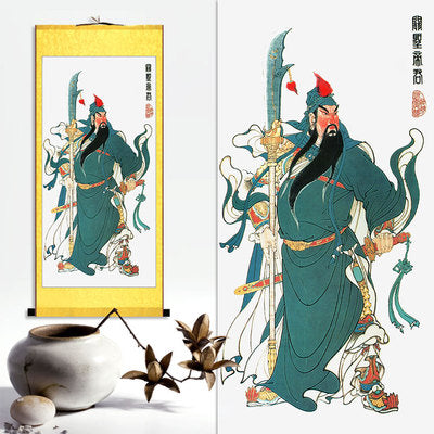 Guan Yu Wall Scroll, Guan Gong Taoist Wall Decoration, Daoist Wall Roll, Silk Scroll Taoist Gods Portrait