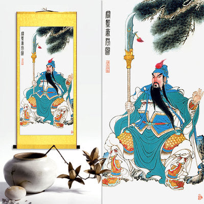Guan Yu Wall Scroll, Guan Gong Taoist Wall Decoration, Daoist Wall Roll, Silk Scroll Taoist Gods Portrait