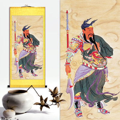 Guan Yu Wall Scroll, Guan Gong Taoist Wall Decoration, Daoist Wall Roll, Silk Scroll Taoist Gods Portrait