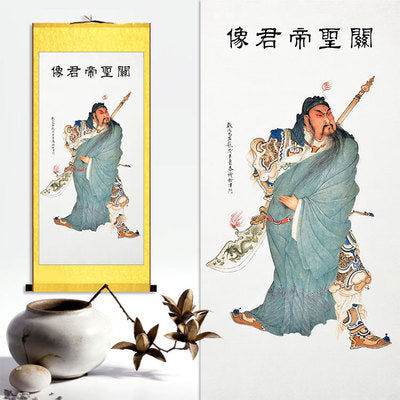 Guan Yu Wall Scroll, Guan Gong Taoist Wall Decoration, Daoist Wall Roll, Silk Scroll Taoist Gods Portrait
