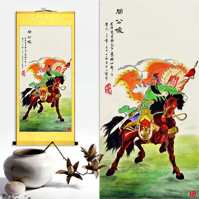 Guan Yu Wall Scroll, Guan Gong Taoist Wall Decoration, Daoist Wall Roll, Silk Scroll Taoist Gods Portrait