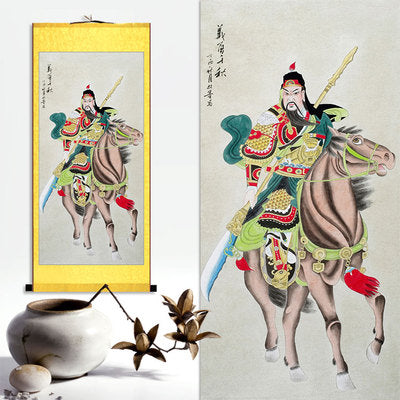 Guan Yu Wall Scroll, Guan Gong Taoist Wall Decoration, Daoist Wall Roll, Silk Scroll Taoist Gods Portrait