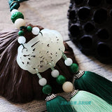 Green Hand-Carved Jade Stone Pendant Tai Chi Jian Tassel - Wudang Store