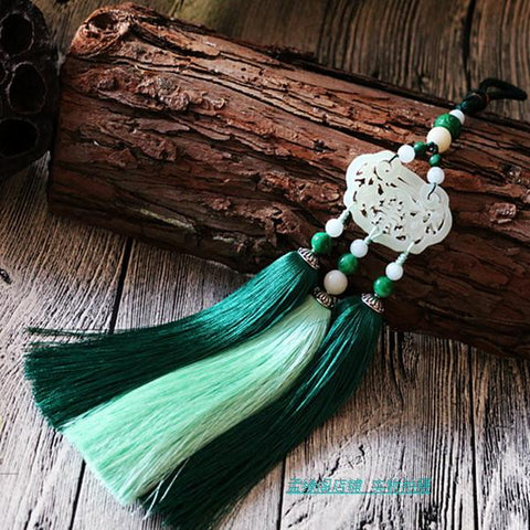 Green Hand-Carved Jade Stone Pendant Tai Chi Jian Tassel - Wudang Store