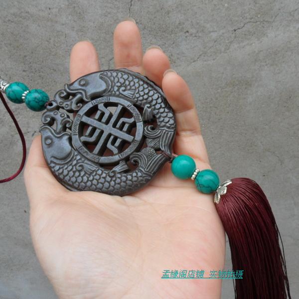 Hand-Carved Black Jade Stone Fish Pendant Tai Chi Sword Tassel - Wudang Store