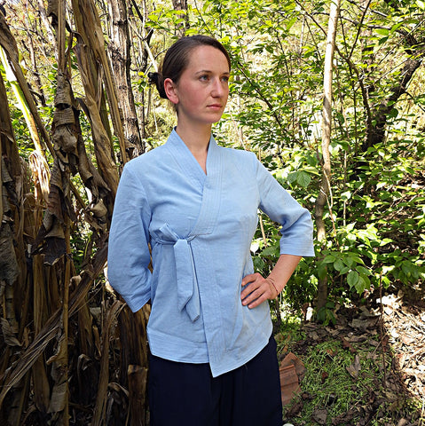 Tender Blue Overlap Collar Tai Chi Shirt for Women