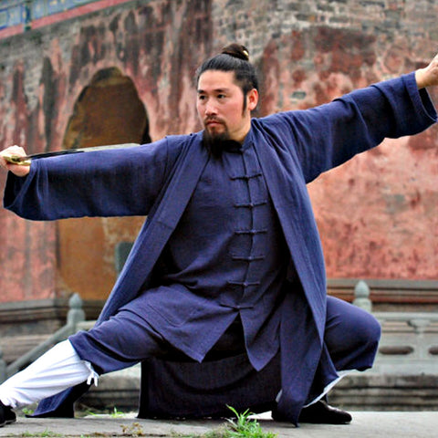 Navy Blue Taoist Uniform with Straight Buttons and Overcoat