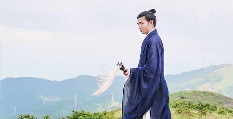 Traditional Navy Blue Taoist Priest Uniform with Extra Wide Sleeves