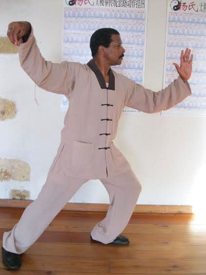 Beige V-Collar Tai Chi Uniform with Outerlines - Wudang Store