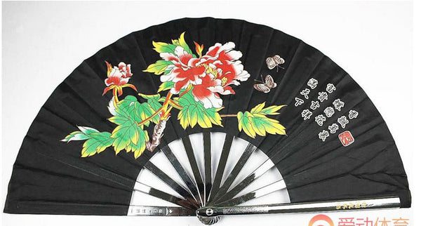 Black Metal Tai Chi Fan With Peony - Wudang Store