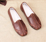 Old Beijing Handmade Wudang Clouds Leather Tai Chi Slippers Brown