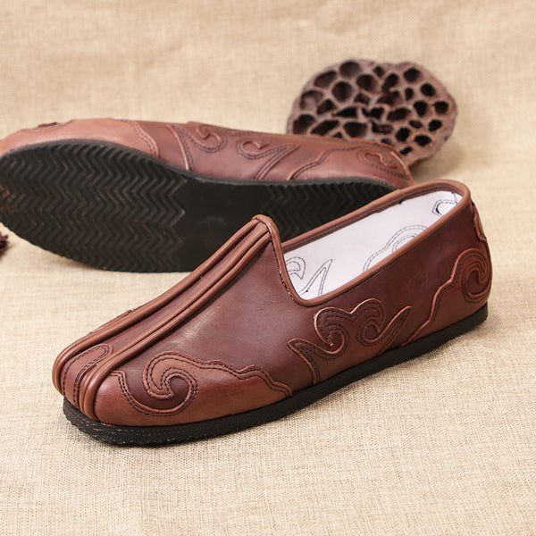 Old Beijing Handmade Wudang Clouds Leather Tai Chi Slippers Brown