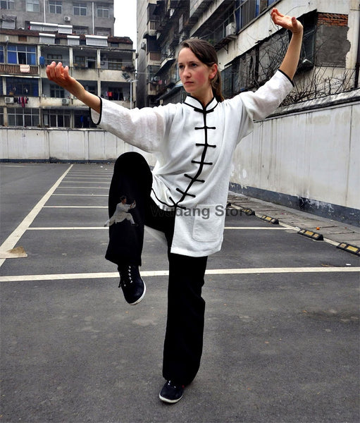 White Shirt Black Pants Tai Chi Uniform Black Outerlines - Wudang Store