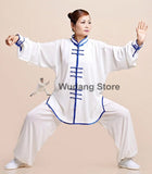 White Tai Chi Uniform Blue Glossy Satin Outerlines - Wudang Store