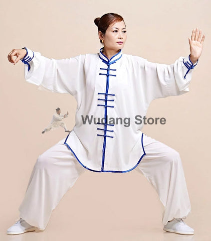 White Tai Chi Uniform Blue Glossy Satin Outerlines - Wudang Store