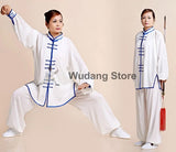 White Tai Chi Uniform Blue Glossy Satin Outerlines - Wudang Store