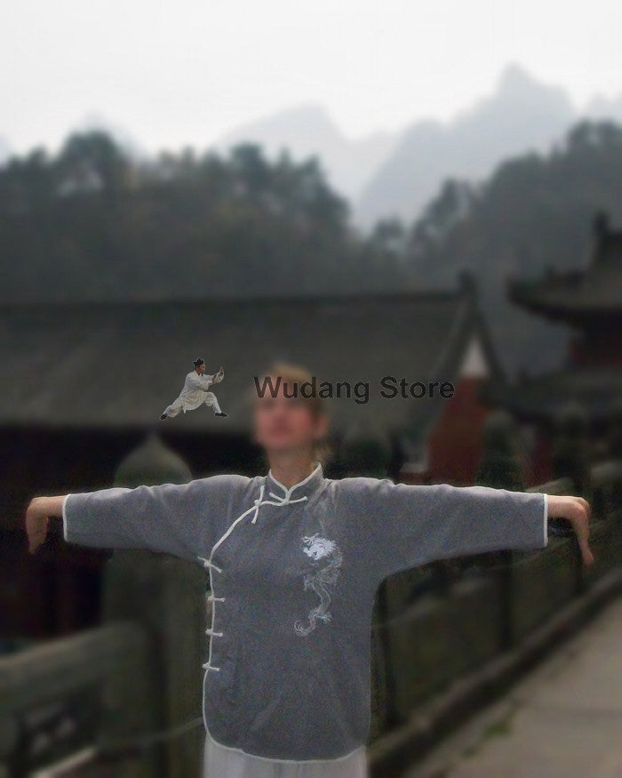 Grey & White Tai Chi Uniform Dragon Sewing - Wudang Store