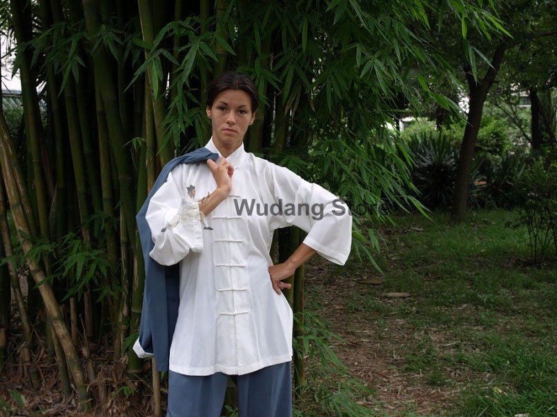 Blue Wing Chun Uniform with White Cuffs - Wudang Store